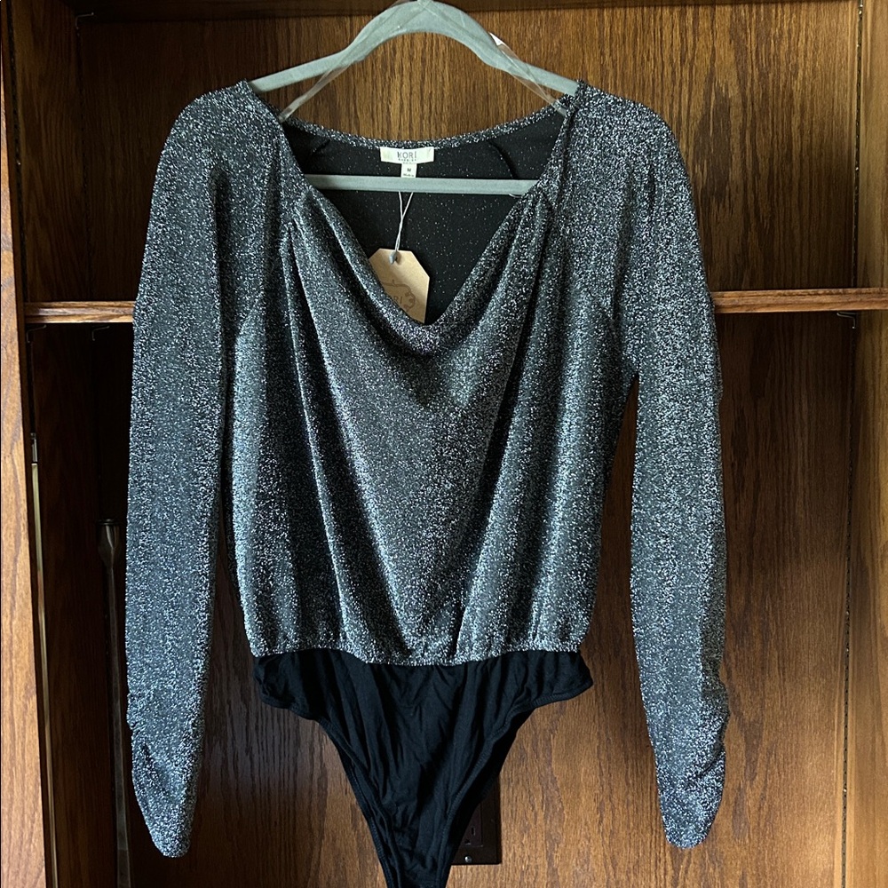 NWT Kori Bodysuit Women Medium Metallic Lurex Knit Cinched Sleeve Sparkly Black